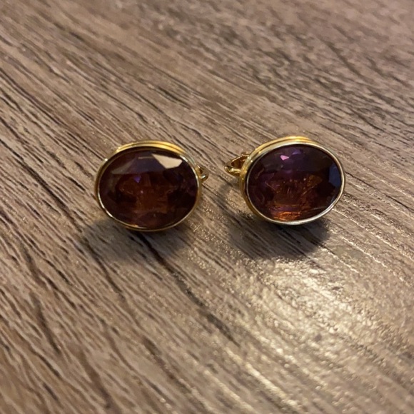 Vintage Clip-on Gold-Tone Purple Gemstone Earrings - Picture 5 of 9